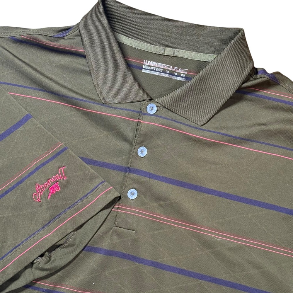 Nike Golf Dri Fit Men's XL Olive Green Striped Performance Golf Polo Shirt